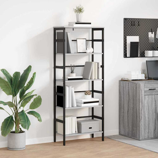 vidaXL Bookshelf 4-Tier Engineered Wood Grey Sonoma standing in a room with a plant and desk