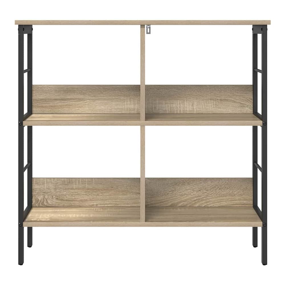 The four-tier bookcase with a sonoma oak finish and black metal frame