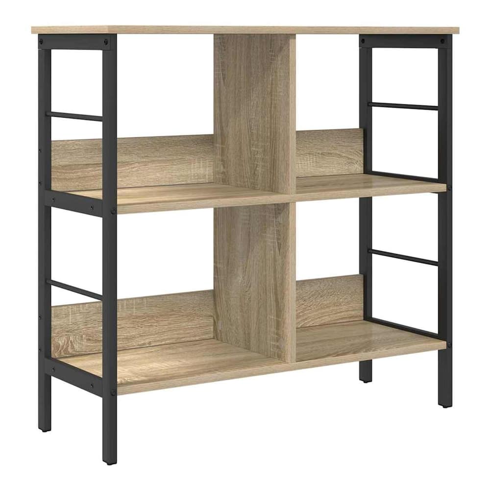 The four-tier bookshelf with a sonoma oak finish and black metal frame