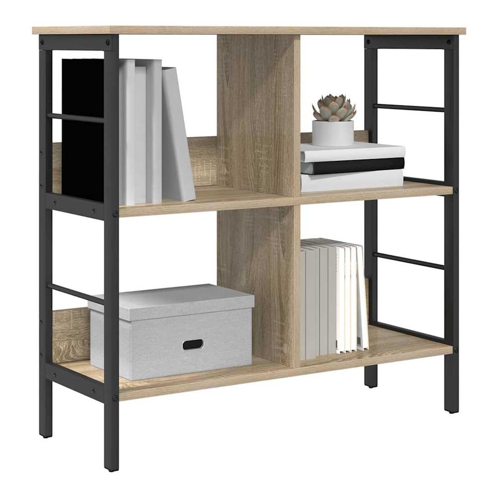 The four-tier bookshelf with books and decorative items on the shelves