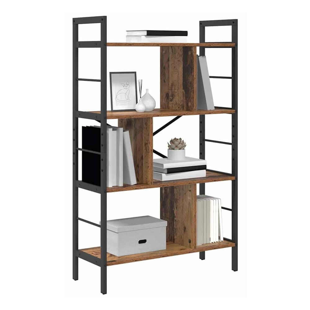 The seven-tier bookshelf filled with books, a vase and a decorative plant