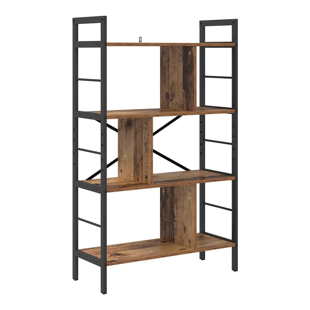 The seven-tier bookshelf with old wood effect shelves and a black metal frame