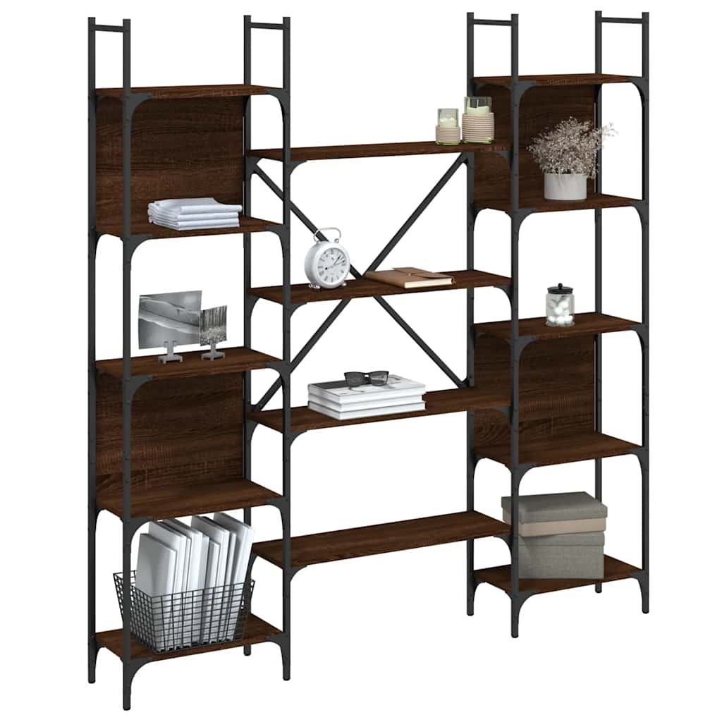Bookshelf Brown Oak Engineered Wood, the bookcase featuring a symmetrical design with open shelving on a white studio