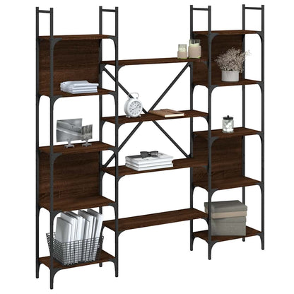 Bookshelf Brown Oak Engineered Wood, the bookcase featuring a symmetrical design with open shelving on a white studio