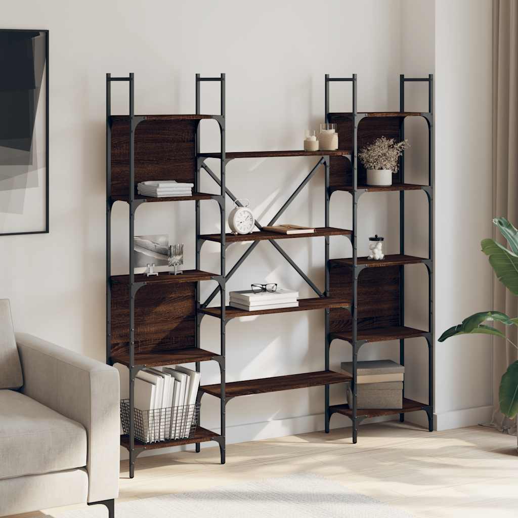 Bookshelf Brown Oak Engineered Wood, the standing shelf styled with various home accessories and books in a modern interior