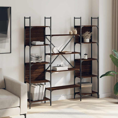 Bookshelf Brown Oak Engineered Wood, the standing shelf styled with various home accessories and books in a modern interior