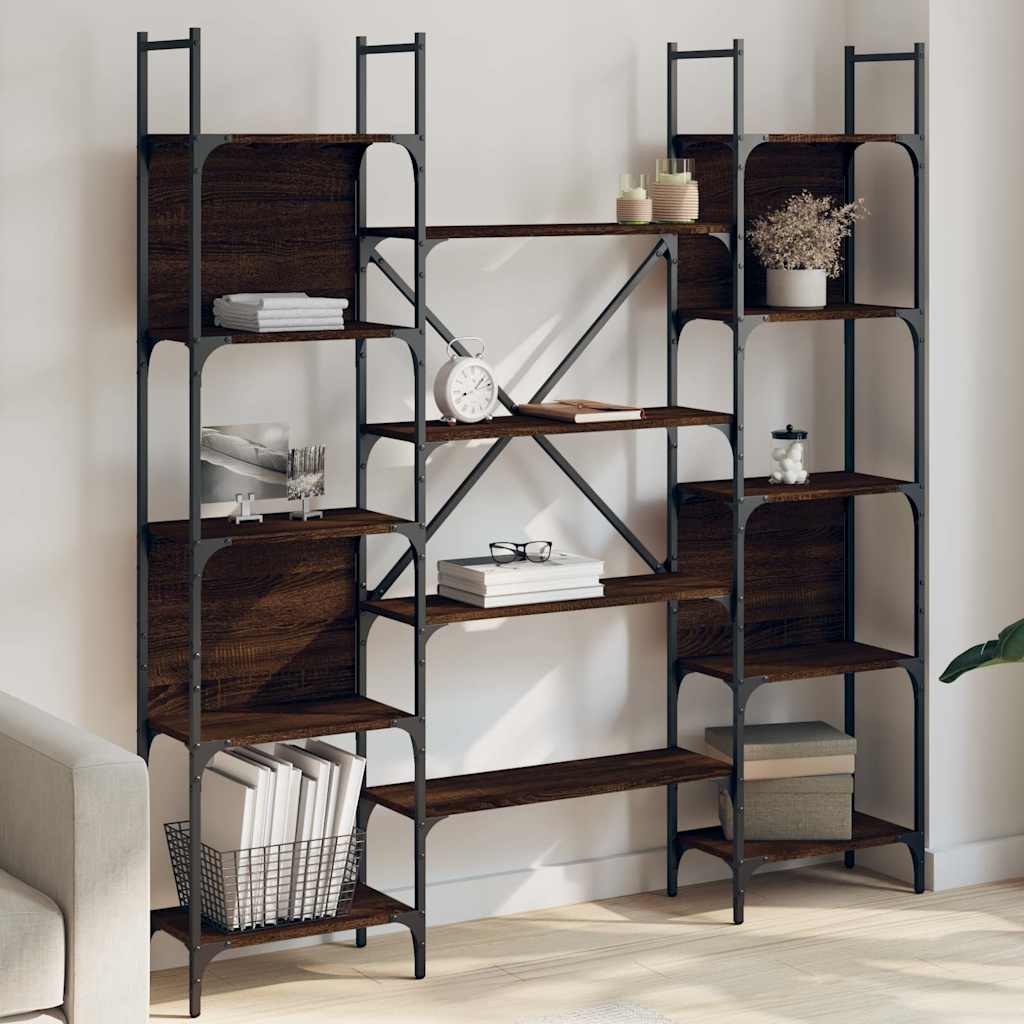 vidaXL Bookshelf Brown Oak Engineered Wood filled with books and decor in a bright living room