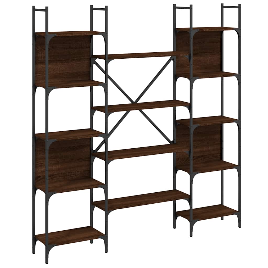 The open standing shelf with dark wood surfaces and a black metal frame on a white background