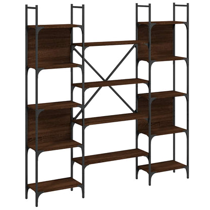 The open standing shelf with dark wood surfaces and a black metal frame on a white background