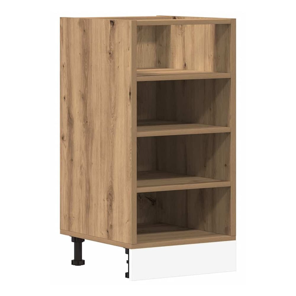The bottom cabinet has four open shelves and a white plinth at the base