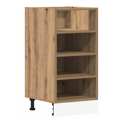 The bottom cabinet has four open shelves and a white plinth at the base