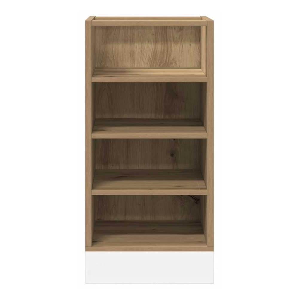 The open bottom cabinet shows its four wooden shelves and white base