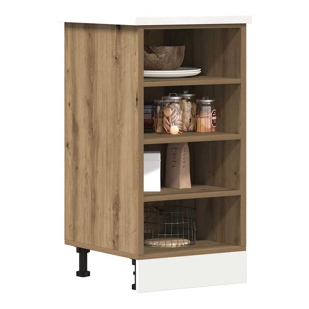 The bottom cabinet is shown in a kitchen setting with jars and a bowl on its shelves
