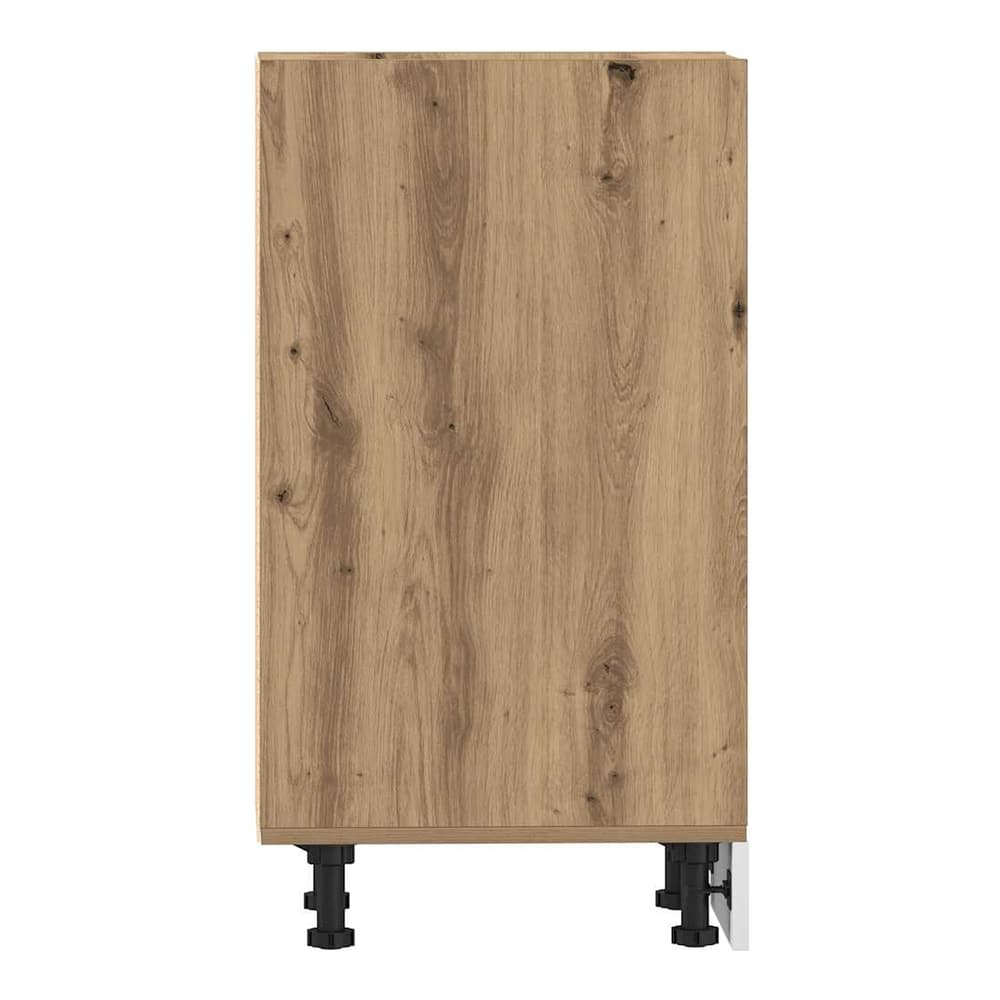 The side of the bottom cabinet shows the artisan oak wood grain effect