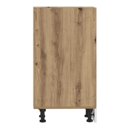 The side of the bottom cabinet shows the artisan oak wood grain effect