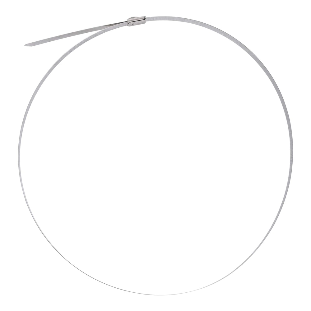 A single silver metal cable tie laid out in a circle