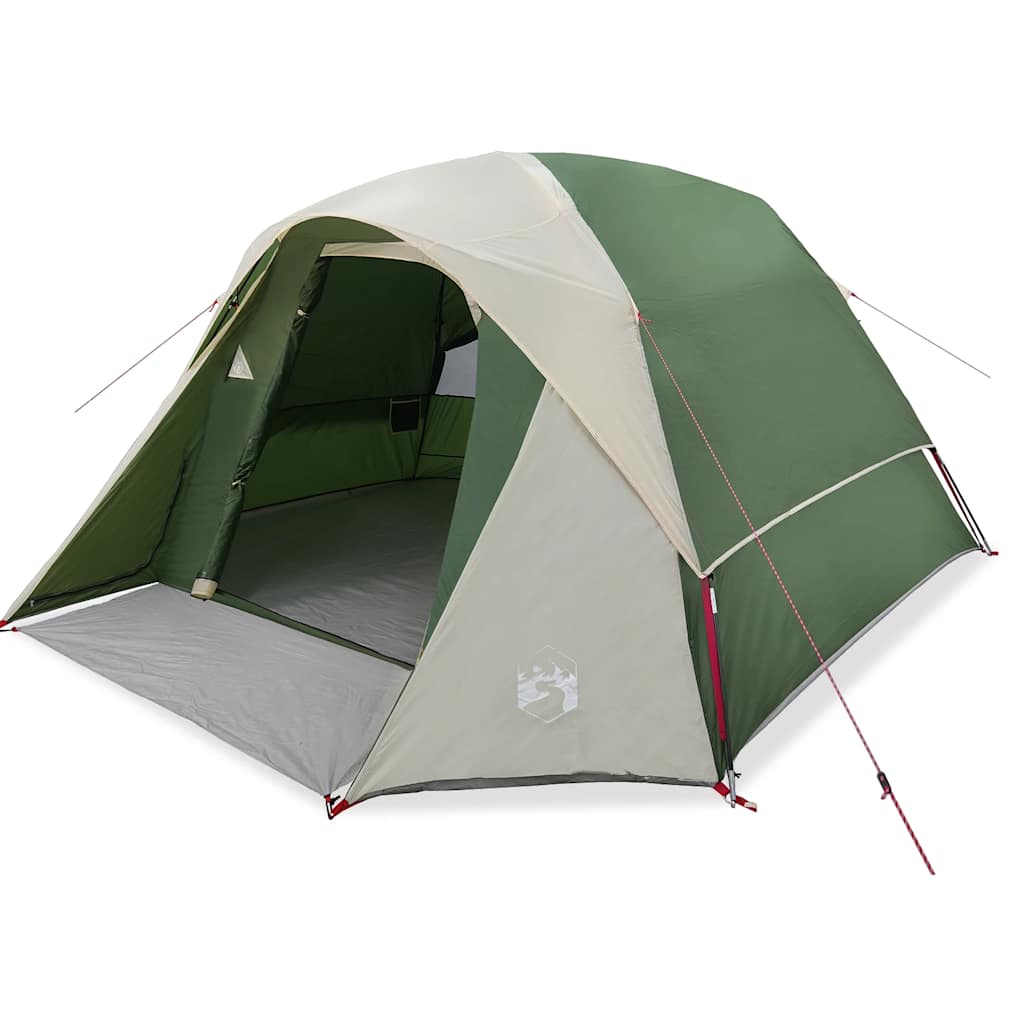 Green and cream four-person camping tent with open door and groundsheet