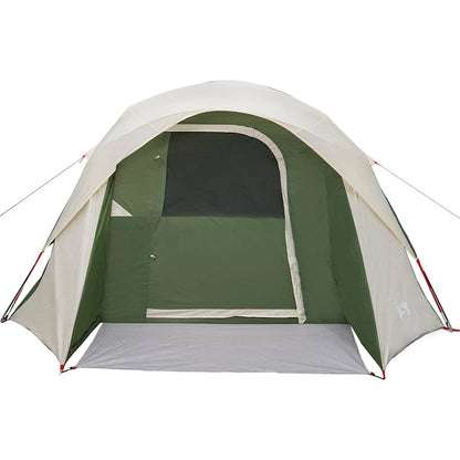 Interior view of the green four-person camping tent cabin showing a window