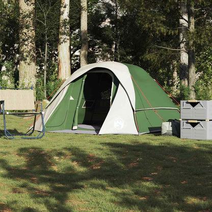 vidaXL Camping Tent Cabin 4-Person Green Waterproof set up on grass with trees behind