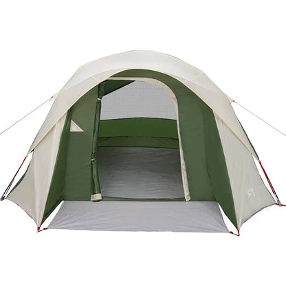 The entrance to the green four-person camping tent cabin