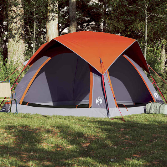 vidaXL Camping Tent Cabin 4-Person Grey and Orange Waterproof set up in a forest clearing