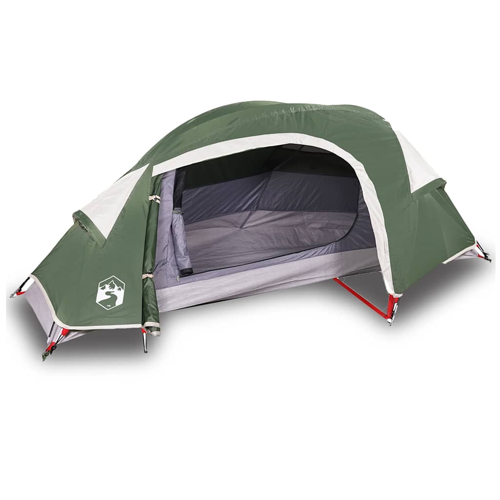 the camping tent with the front entrance flap rolled up to show the interior