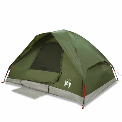 olive green four person camping tent with the front flap open