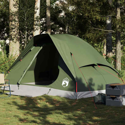 vidaXL Camping Tent Dome 4-Person Olive Green Waterproof set up in a grassy area with trees