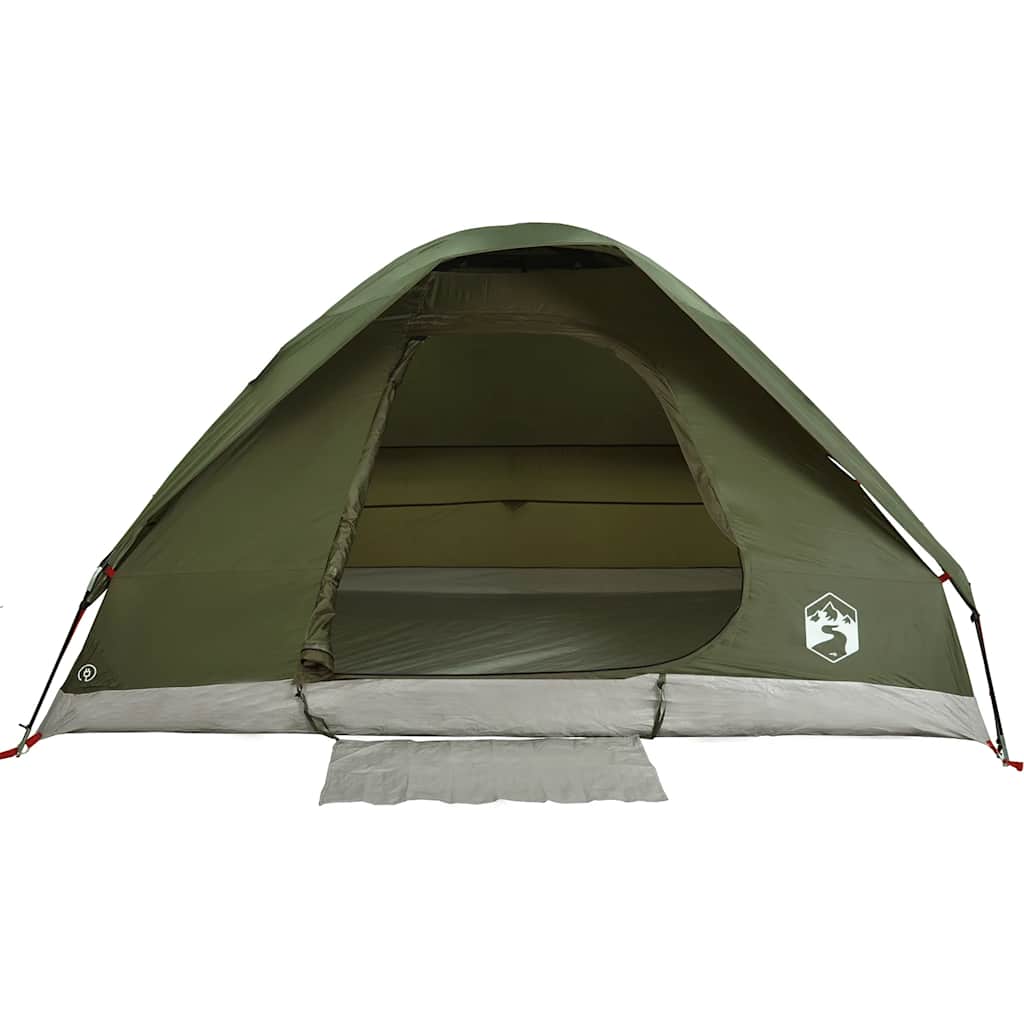 rear view of the olive green four person camping tent pitched on grass