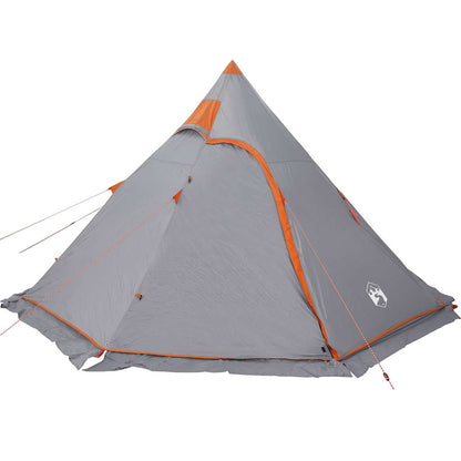 the tipi tent with orange accents and guy ropes secured on a plain white background