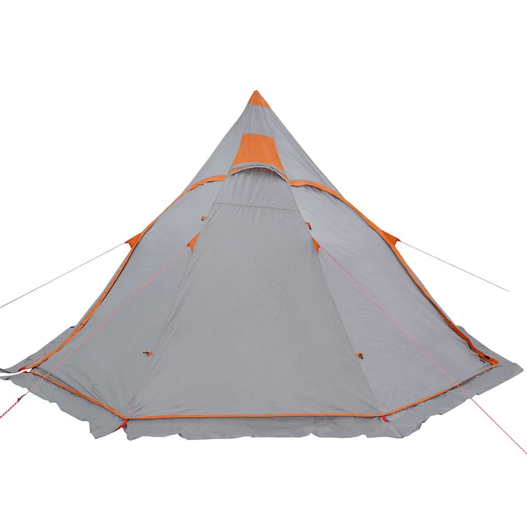 grey five-person tipi tent with orange trim, viewed from the front on a white background