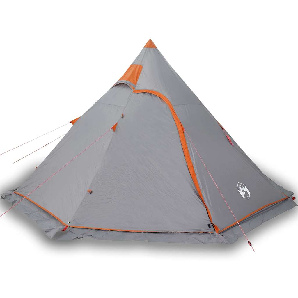grey five-person tipi tent with orange trim and guy ropes, set up on a white background
