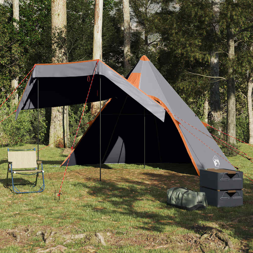 grey five-person tipi tent with an attached awning, set up in a forest clearing