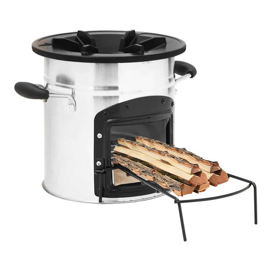 vidaXL Camping Wood Stove Silver Stainless Steel with a rack for logs in front