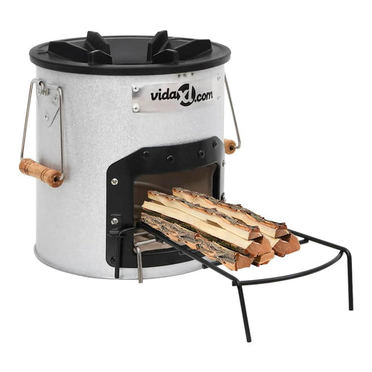 vidaXL Camping Wood Stove Silver Steel with logs ready for burning