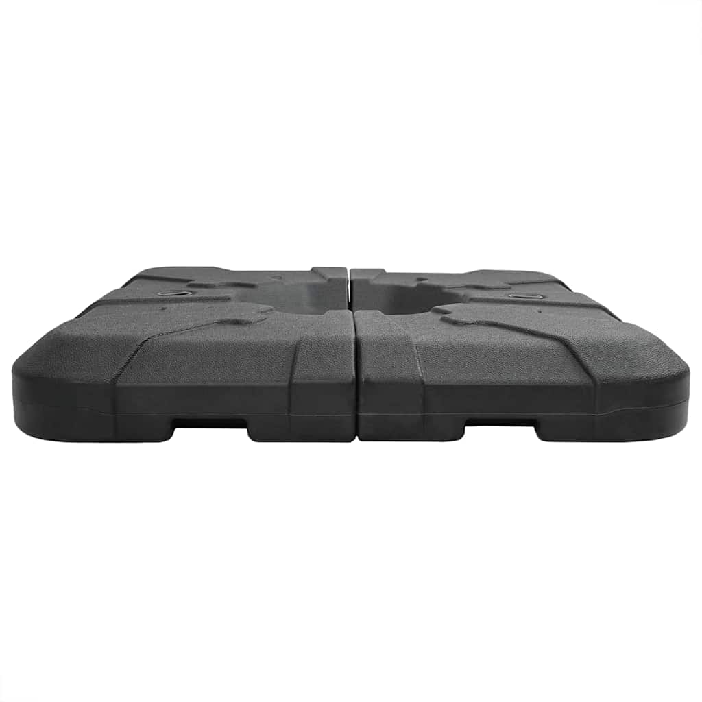 The outdoor umbrella base viewed from the side showing the flat black segments