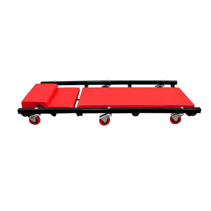 The red padded creeper for vehicle repair, shown from the side with wheels visible