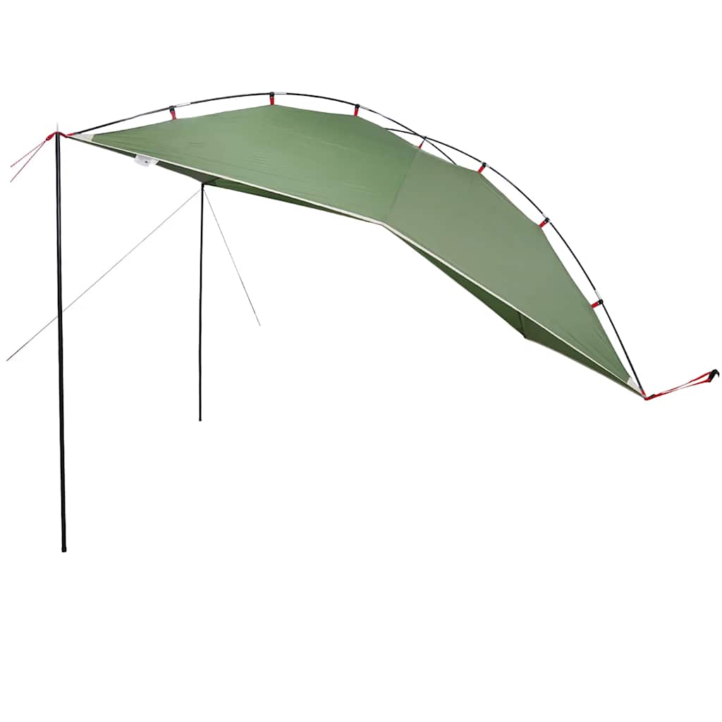 The green car tent seen from a low angle with poles and guy ropes extended