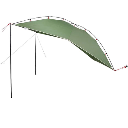 The green car tent seen from a low angle with poles and guy ropes extended