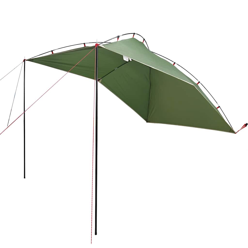 Green waterproof car tent shown from the side with poles and guy ropes
