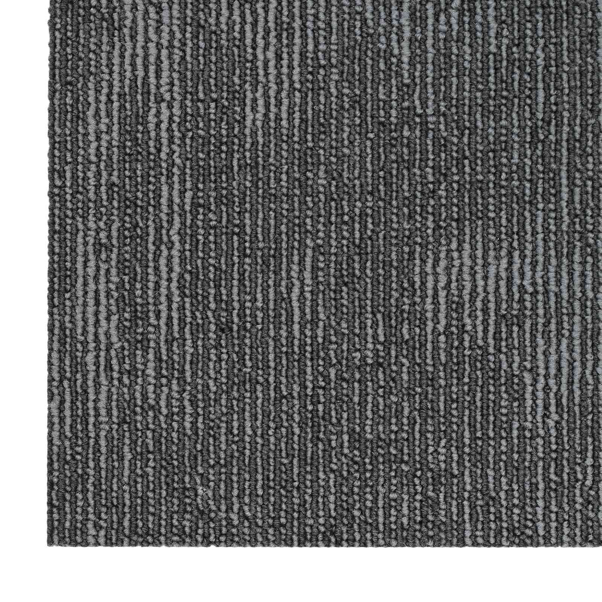 Detail of the charcoal grey carpet tile showing the fine vertical stripes