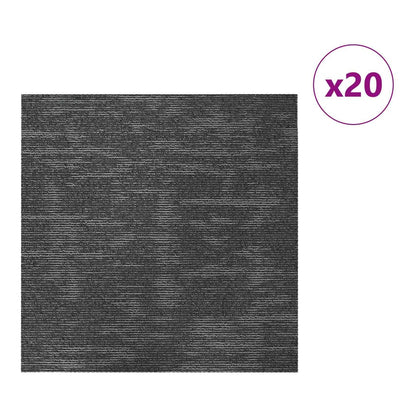 A stack of charcoal grey carpet tiles with a striped texture, showing x20 count