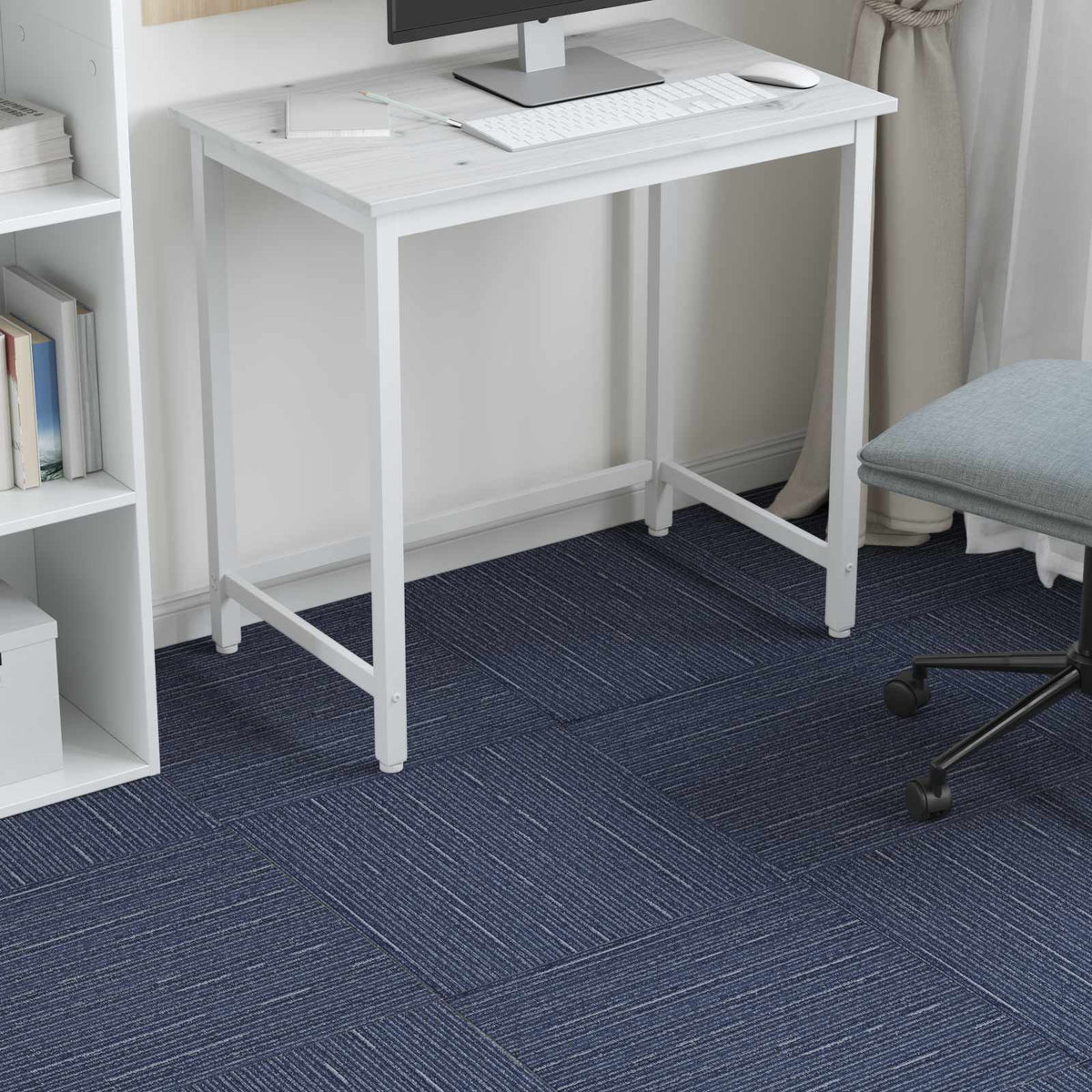 Blue striped carpet tiles covering the floor of an office space