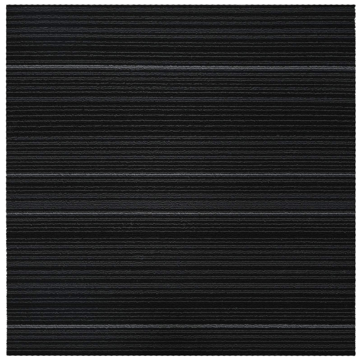 Close up of a dark grey carpet tile with thin grey stripes