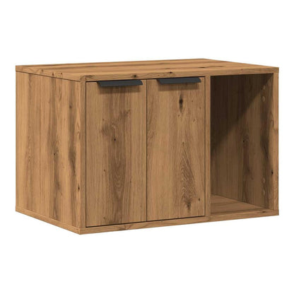 The wooden cat litter box enclosure with two doors and an open side compartment