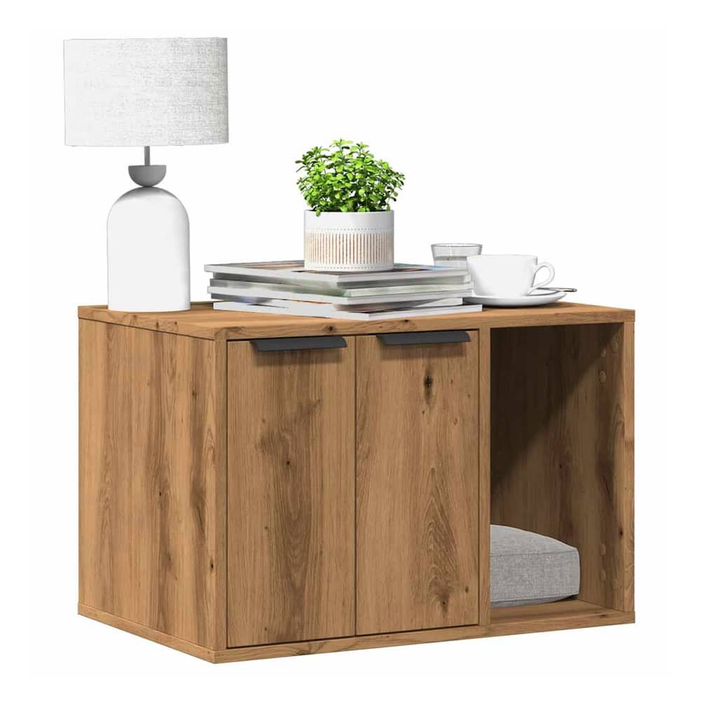 vidaXL Cat Litter Box Enclosure Artisian Oak with two doors and an open side compartment