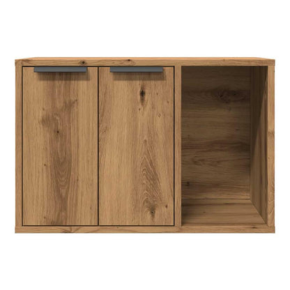 The oak cat litter box enclosure with the right side open