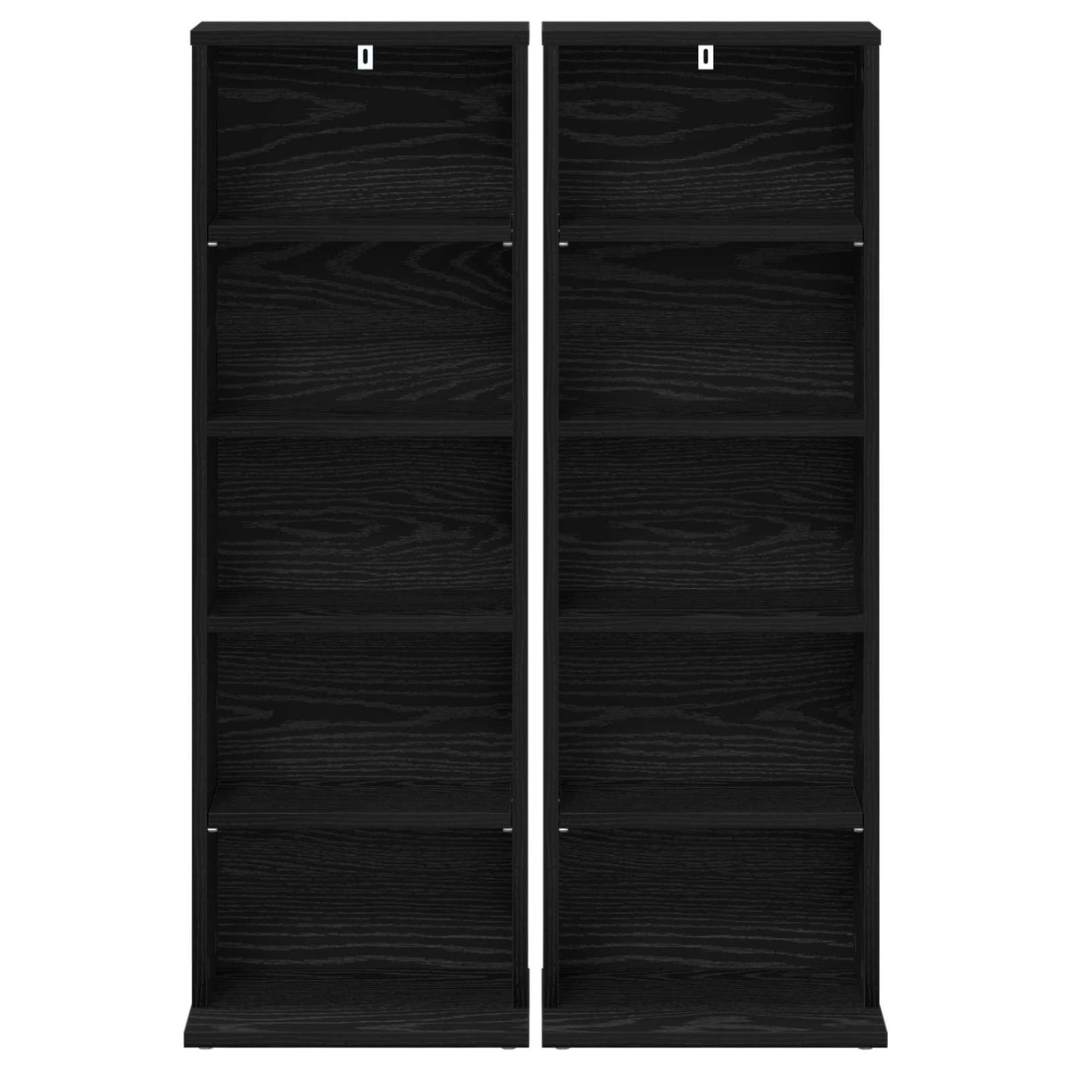 two empty black oak media storage cabinets facing forward