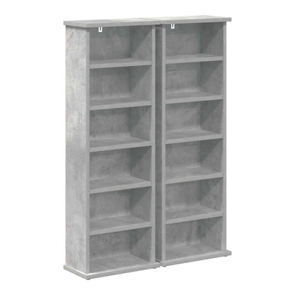 Two concrete grey media storage cabinets side by side, empty shelves