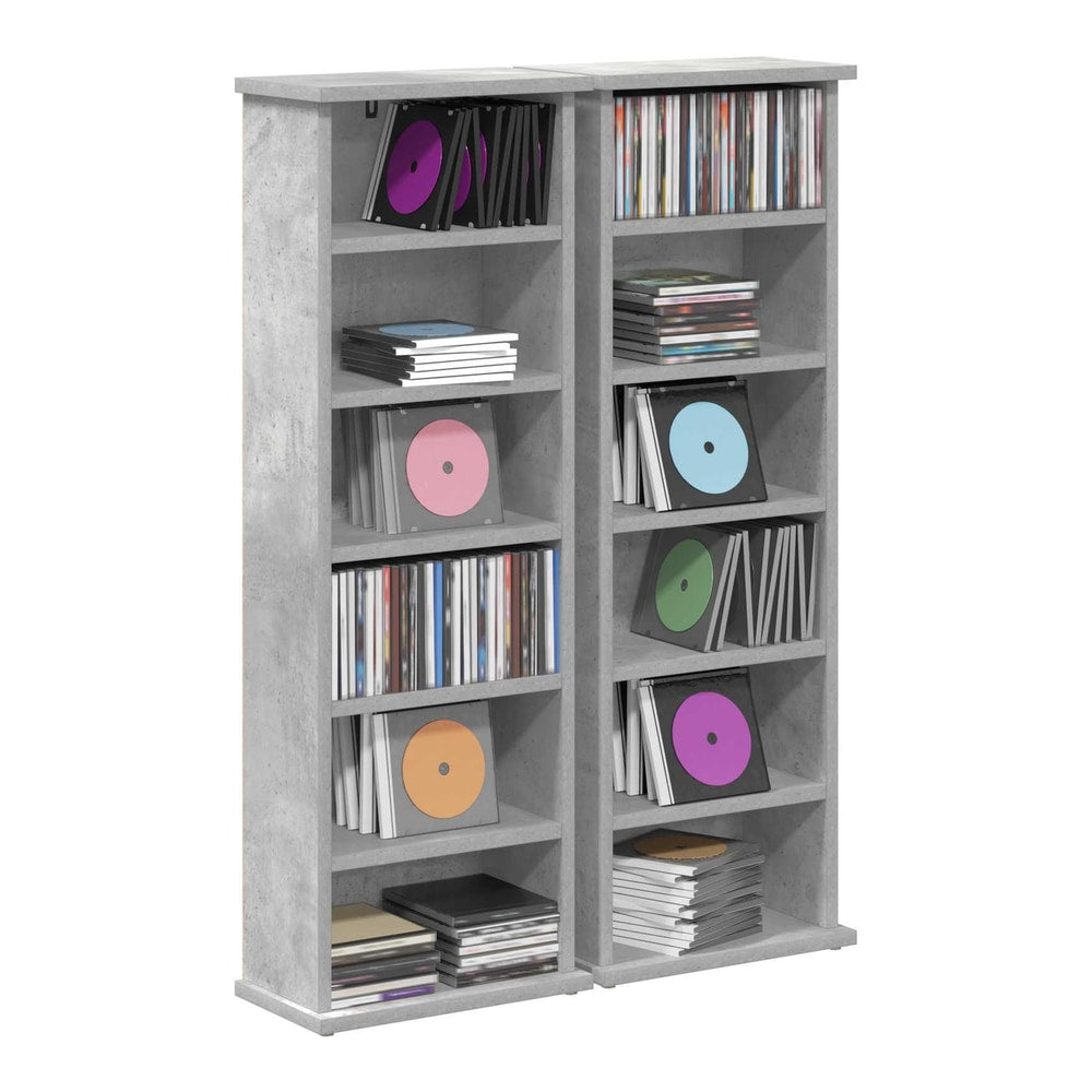 Two concrete grey media storage cabinets filled with CDs
